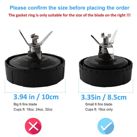 Comparison of two blender blade assemblies, 3.94in big 6-fins and 3.35in small 6-fins, with size and cup fit information.