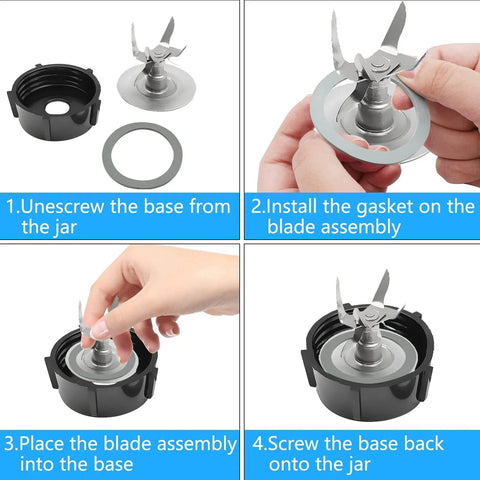Installation steps of 2 Pack Blender O Ring Gasket Seals for Oster and Osterizer models, showing gasket use and assembly.