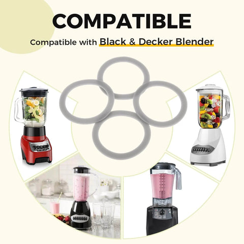 4 Pack Easy Fit Blender Gasket Set Replacement O Ring Seals 66 Millimeter Outer Diameter 51 Millimeter Inner Diameter 2 Millimeter Thickness with image showing compatibility with various blenders.