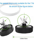 3 Pack Three Point Nine Four Inch Rubber Gasket Seals For Blenders No Fuss Easy Install White O Ring Replacement Parts Fits CT680 BL456 30 BL681A BL682 Compatible With Blender Base And 7 Fin Blade. Image showing rubber gasket seal with blender blade assembly, suitable for 7 fin blades, diameter 3.94 inch.