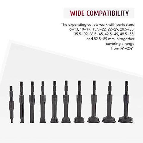 Image showing collets from a 16-piece blind bearing puller kit designed for removing stuck bearings, bushings, and axles.