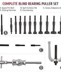 16-piece blind bearing puller kit designed for removing stuck bearings, bushings, and axles, covering 1/4 to 2-1/3 inch or 6 to 59mm, including slide hammer, counter-stay, 10 collets, adapters, and case for clean damage-free extraction