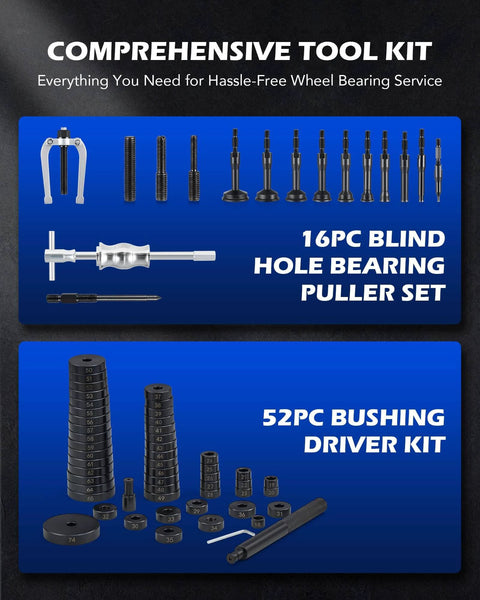 Comprehensive tool kit with 2 in 1 Blind Hole Bearing Puller & Bushing Press Kit featuring 16pc bearing puller and 52pc bushing driver