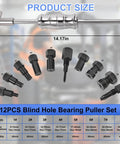 12PCS Blind Hole Bearing Puller Set with Slide Hammer and expandable collets, shown with detailed size guide and measurements