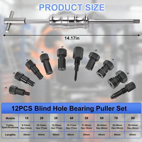 12PCS Blind Hole Bearing Puller Set with Slide Hammer and expandable collets, shown with detailed size guide and measurements