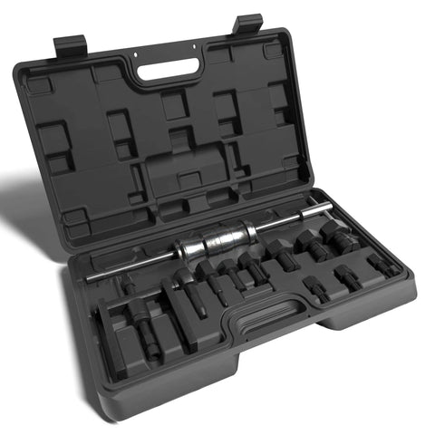Blind Hole Bearing Puller Set 8-32mm with Slide Hammer in black case, showing collets and tools for motorcycle bearing removal.