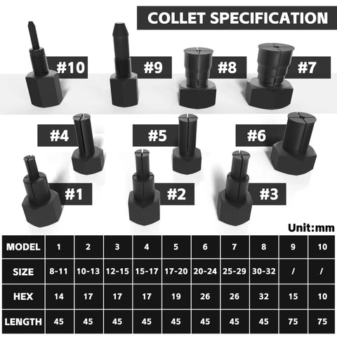 Blind Hole Bearing Puller Set 8-32mm with Slide Hammer - Image of 10 expandable collets with specifications chart