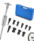 12PCS Blind Hole Bearing Puller Set with Slide Hammer, showing metal extractor parts, blue case, and usage on wheel