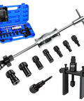 12 Piece Blind Hole Collet Bearing Puller Set With Slide Hammer For 8 To 32 Mm Internal Bearing Extractor Kit On Motorcycle And Bicycle Wheel Bearings Heavy Duty Puller Kit In Convenient Storage Box, showing collets and tools.
