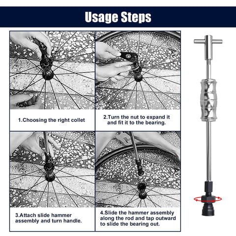 Usage steps for the 12pcs Blind Hole Collet Bearing Puller Set with images showing installation process and slide hammer tool.