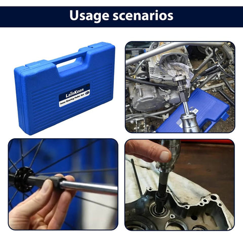 12pcs Blind Hole Collet Bearing Puller Set, Internal Bearing Extractor Puller Kit displayed in blue case and in use on machinery