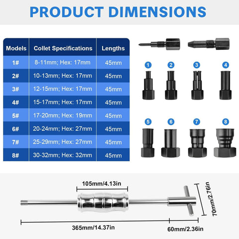 Diagram showing specifications of 12pcs Blind Hole Collet Bearing Puller Set with Slide Hammer and Expandable Collets 8-32mm.