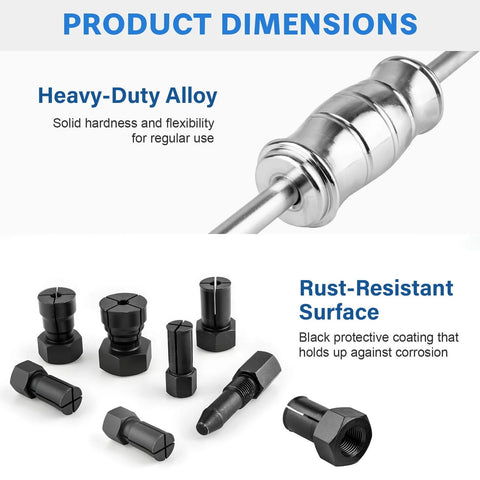12pcs Blind Hole Collet Bearing Puller Set with Slide Hammer and Expandable Collets 8-32mm displayed, highlighting heavy-duty alloy and rust-resistant surface.