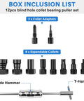 Box inclusion list showing parts of the 12pcs Blind Hole Collet Bearing Puller Set with Slide Hammer and Expandable Collets 8-32mm.