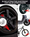 Collage showing 4 Pack Bling Crystal Tire Valve Caps with Rhinestones Waterproof Dustproof Valve Stem Caps for Cars Trucks SUVs and Motorcycles Universal Fit White on various vehicles.