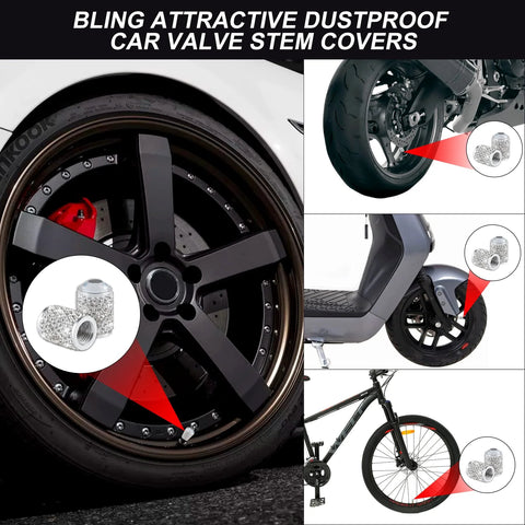 Collage showing 4 Pack Bling Crystal Tire Valve Caps with Rhinestones Waterproof Dustproof Valve Stem Caps for Cars Trucks SUVs and Motorcycles Universal Fit White on various vehicles.