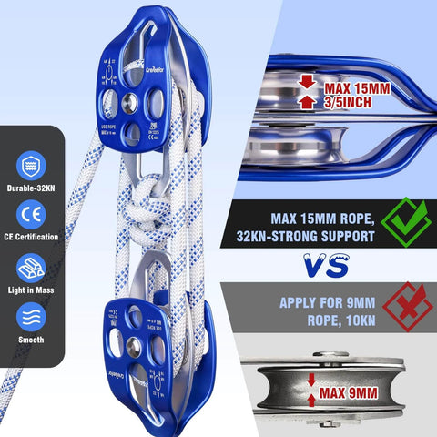 Double Block and Tackle Pulley System with 150Ft x 1/2'' Rope Pulley 7700 LB(35KN) Breaking Strength, shown with max 15mm 32KN support.