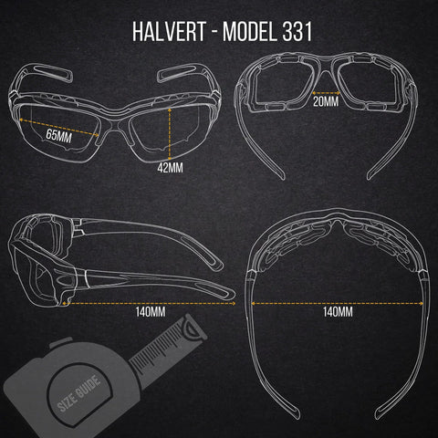 Technical diagram of Blocker Polarized Motorcycle Riding Sunglasses Sports Wrap Black Smoke Lens with measurements