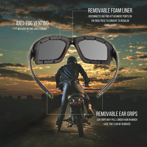 Blocker Polarized Motorcycle Riding Sunglasses Sports Wrap Black Smoke Lens with anti-fog venting and removable foam liner.