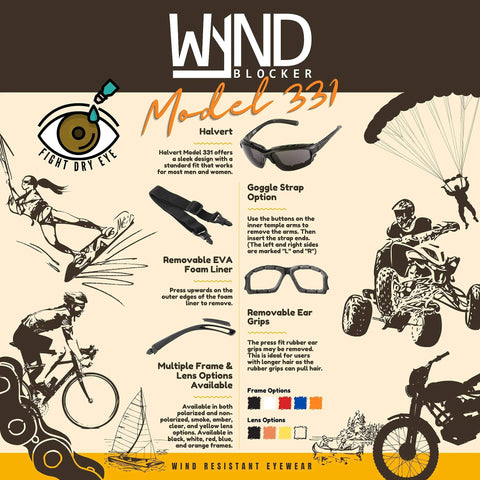 Infographic of Blocker Polarized Motorcycle Riding Sunglasses Sports Wrap Black Smoke Lens, featuring options and accessories