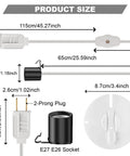 Diagram showing dimensions of 4 Pack Blow Mold Light Kit Replacements with On Off Switch Cords, E27 E26 socket, 5 foot length.