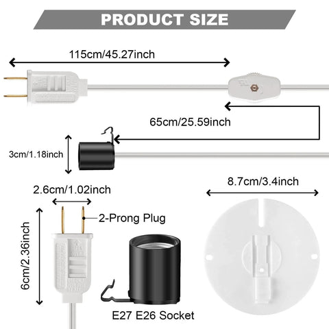 Diagram showing dimensions of 4 Pack Blow Mold Light Kit Replacements with On Off Switch Cords, E27 E26 socket, 5 foot length.
