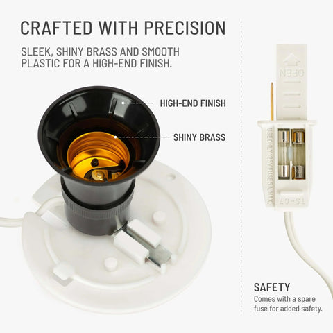 Close-up of Blow Mold Light Kit Replacement with white plate, shiny brass socket, and built-in fuse for seasonal displays.