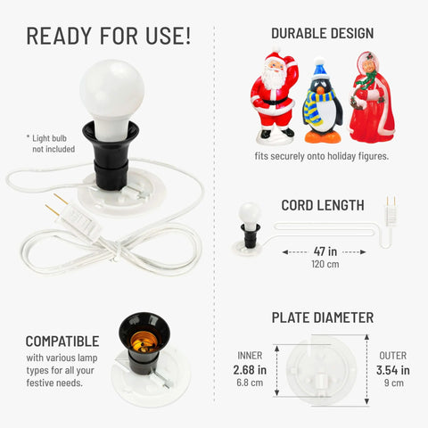 Blow Mold Light Kit Replacement with white plate, retro LED light cord, 47-inch cord, E26 socket for holiday displays and decor.