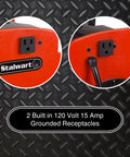 Close-up of Heavy Duty 1600 Watt Blower Fan With 3 Speeds And 4 Angle Adjustments For Basements Cars And Garages Portable 120V Air Mover With Circuit Breaker And Motor Overload Protection From Stalwart showing electrical outlets.
