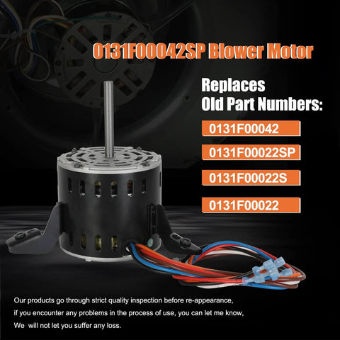Replacement 1/2HP 115V Blower Motor for Goodman Amana Janitrol Units 0131F00042SP displayed with wires and specs