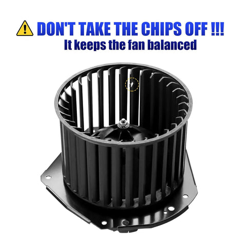 Direct Fit Replacement AC Blower Motor With Fan For 1992 1993 1994 1995 1996 Chevy Silverado Suburban 1500 2500 Tahoe GMC Sierra Yukon C1500 C2500 K1500 K2500 G20 HVAC Heater Blower Motor Replaces 700103 front view with balance instruction