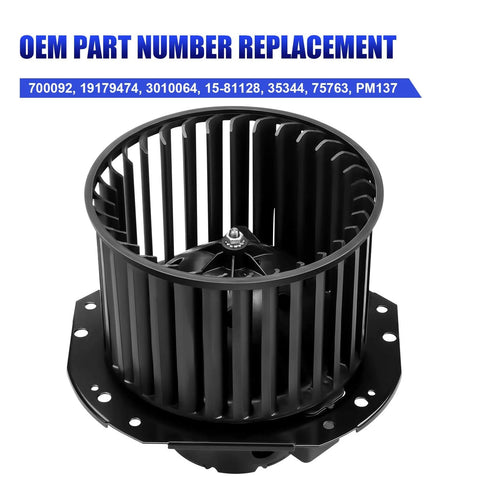 Blower Motor With Fan Replacement For Chevy S10 Astro Blazer GMC Sonoma Safari Jimmy Isuzu Hombre Oldsmobile Bravada AC Heater Compatible Part 700092 1994-2004 showing OEM part number replacements.