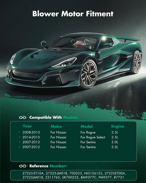 Sports car graphic with blower motor fitment chart for 2007-2015 Nissan Rogue and Sentra models.