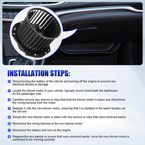 Installation steps for Blower Motor With Fan Replacement For Chevy S10 Astro Blazer GMC Sonoma Safari Jimmy Isuzu Hombre Oldsmobile Bravada AC Heater Compatible Part 700092 1994-2004