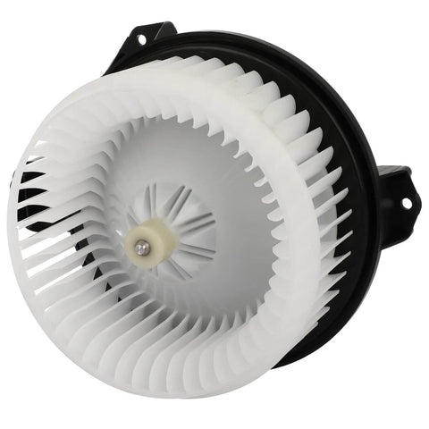 Front view of Drop In Replacement AC And Heater Blower Motor For Jeep Wrangler And Ram 1500 with white fan blades and black casing.