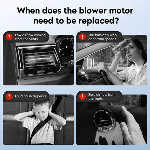 Diagram showing signs to replace HVAC Blower Motor Assembly: low airflow, loud noise, irregular speeds, zero airflow.