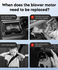 Image showing signs for replacing a heater blower motor: low airflow, noisy operation, variable fan speeds, and no airflow from vents.