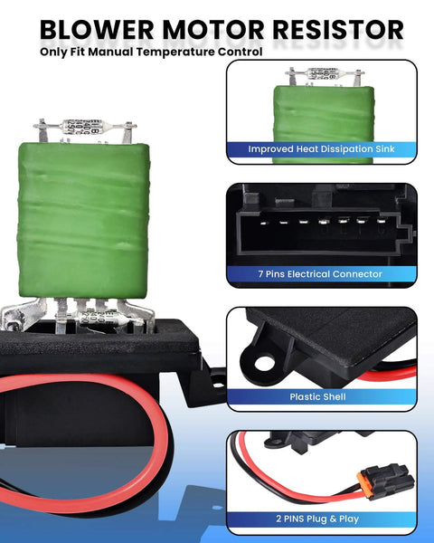 HVAC Blower Motor Resistor Direct Fit Compatible With 1999 To 2006 Chevy Silverado GMC Sierra 1500 2500 3500 Yukon XL Replacement For GM 89019089 With One Hole Mounting Flange On Each Side PANNUOSCS showing various features including heat dissipation sink and connector.