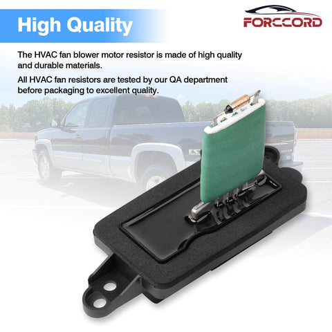 Blower Motor Resistor With Harness For Chevy Avalanche Silverado Suburban Tahoe GMC Sierra Yukon Cadillac Escalade Replaces 973 405 1581086 Fits 2003 To 2006 Models For GM Trucks And SUVs By Forccord displayed against a vehicle background