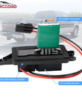 Blower Motor Resistor With Harness For Chevy Avalanche Silverado Suburban Tahoe GMC Sierra Yukon Cadillac Escalade Replaces 973 405 1581086 Fits 2003 To 2006 Models For GM Trucks And SUVs By Forccord, product on factory mounting location backdrop, showing OE quality connector and resistor.