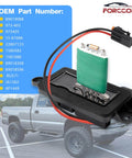 Blower Motor Resistor With Harness For Chevy Avalanche Silverado Suburban Tahoe GMC Sierra Yukon Cadillac Escalade Replaces 973 405 1581086 Fits 2003 To 2006 Models For GM Trucks And SUVs By Forccord product image, showing the component with wires attached next to a GM truck.