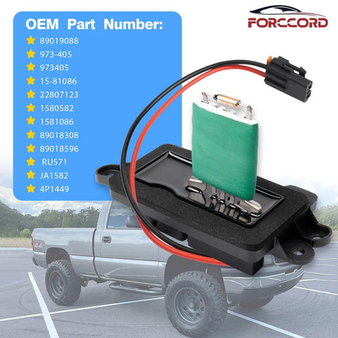 Blower Motor Resistor With Harness For Chevy Avalanche Silverado Suburban Tahoe GMC Sierra Yukon Cadillac Escalade Replaces 973 405 1581086 Fits 2003 To 2006 Models For GM Trucks And SUVs By Forccord product image, showing the component with wires attached next to a GM truck.