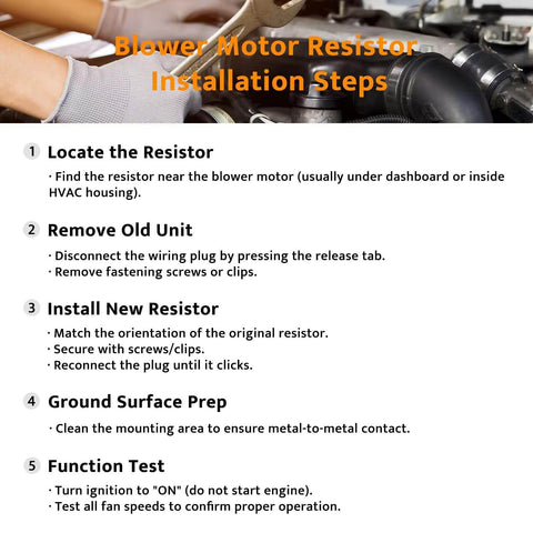 Blower Motor Resistor Installation Steps with image of engine components and hands performing installation tasks