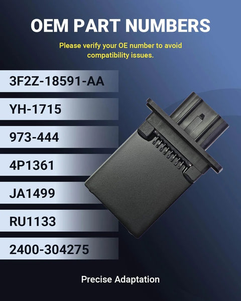 HVAC Blower Motor Resistor Replacement For Ford F-150 2004-2014 Escape 2008-2012 Expedition 2007-2017 Mustang shown with part numbers