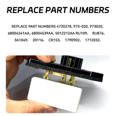 Person holding Beefed Up Blower Motor Resistor Replacement For Dodge Ram 1500 2500 3500 And Jeep Grand Cherokee HVAC Fan Speed Controller For Low Medium High Output Replaces 5014212AA 5012212AA 68004241AA 3A1103 973047 RU368 Easy Install close-up view showing connector details.
