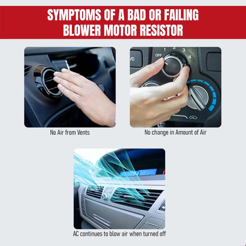 Symptoms of a bad blower motor resistor: no air from vents, no air change, AC blows air when off, related to HVAC Blower Motor Resistor Compatible With Ford Expedition Escape F150 F250 F350 Super Duty Mustang Mark LT Mariner And Lincoln Mercury Vehicles Replaces 3F2Z18591AA And YH1715 For Smooth Adjustable Fan Speeds And Reliable Airflow.