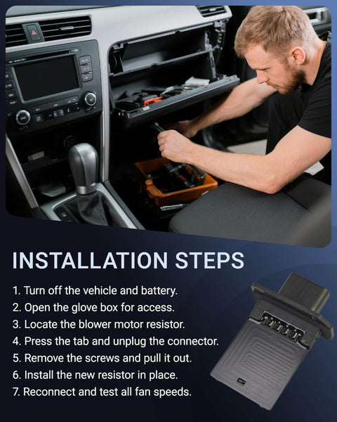 Step-by-step guide for installing HVAC Blower Motor Resistor Replacement For Ford F-150 2004-2014 Escape 2008-2012 Expedition 2007-2017 Mustang 2005-2009 Mercury Mariner 2008-2011 Mazda Tribute Replaces 3F2Z-18591-AA YH-1715 973-444 OEM-Grade Direct Fit Plug And Play showing man opening glove box