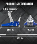Low Profile 1.5 Ton Hydraulic Racing Floor Jack With Dual Piston Quick Lift Pump Aluminum And Steel Construction Side Handle Non Slip Knurled Grip Blue Finish By Torin, showing dimensions and components.