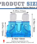 Image of a blue 15A automotive blade fuse with dimensions, part of the 20 Pack 15 Amp Standard Blade Automotive Fuses for Cars and Trucks Fast Acting 15A Car Fuse Kit to Protect Circuits From Shocks and Sparks Blue Color Durable Replacement for Auto Electrical Systems and Wiring.
