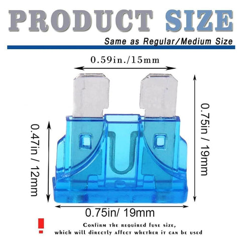 Image of a blue 15A automotive blade fuse with dimensions, part of the 20 Pack 15 Amp Standard Blade Automotive Fuses for Cars and Trucks Fast Acting 15A Car Fuse Kit to Protect Circuits From Shocks and Sparks Blue Color Durable Replacement for Auto Electrical Systems and Wiring.